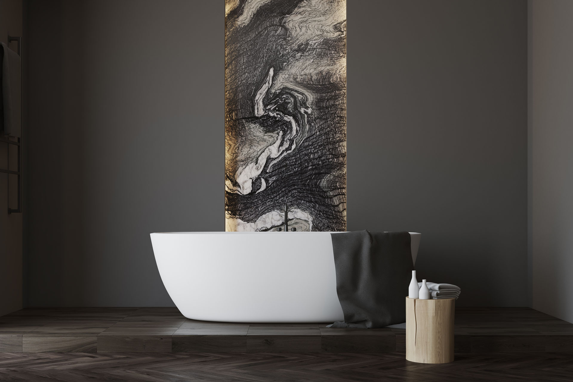 Gray and marble bathroom close up